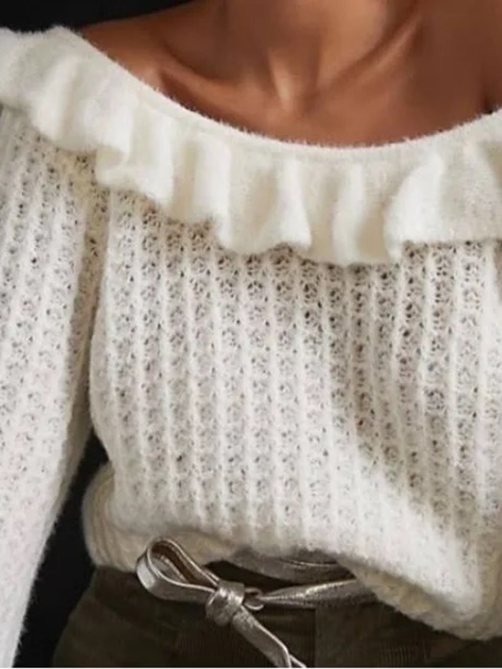 Anthropologie Soft Ruffle-Trim Cream Sweater